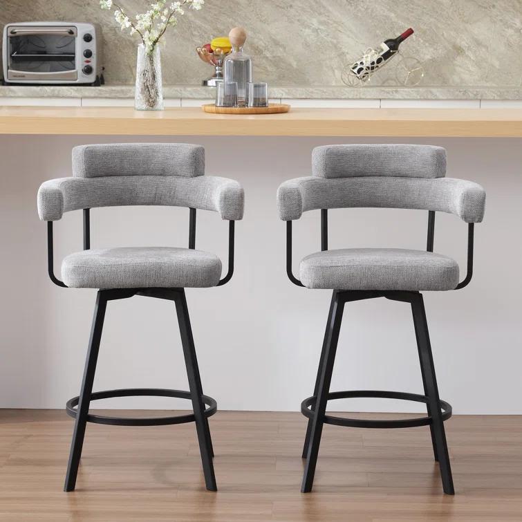 Rabassa Swivel Upholstered 26" Linen Counter Stool with Curved Wing Back and Metal Frame