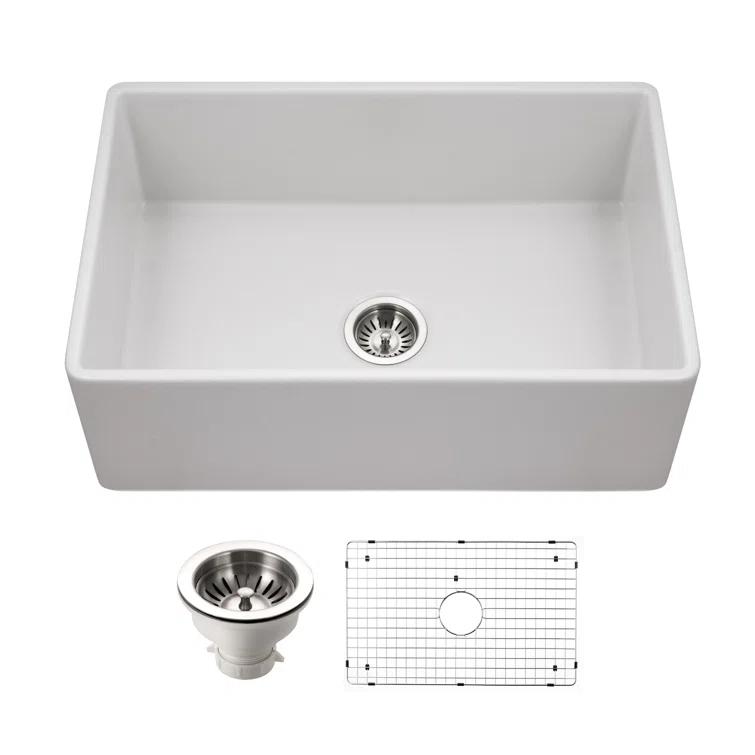 Houzer 30 in x 20 in Matte White Fireclay Apron Front Single Bowl Kitchen Sink - PTS-4100 MWH