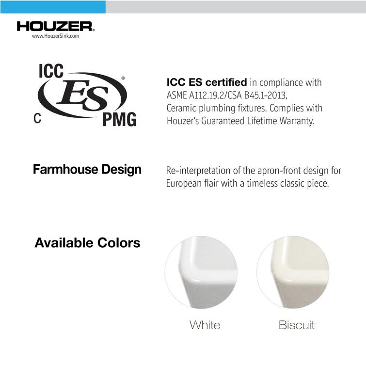 Houzer PTG-3600 WH Platus Houzer Farmhouse Apron Front/Undermount 36 inch Fireclay Single Bowl Kitchen Sink