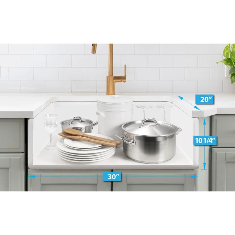 Houzer 30x20 inFireclay Apron Front Single Bowl Kitchen Sink w/ Strainer,Grid-PTS-4100 WH-C