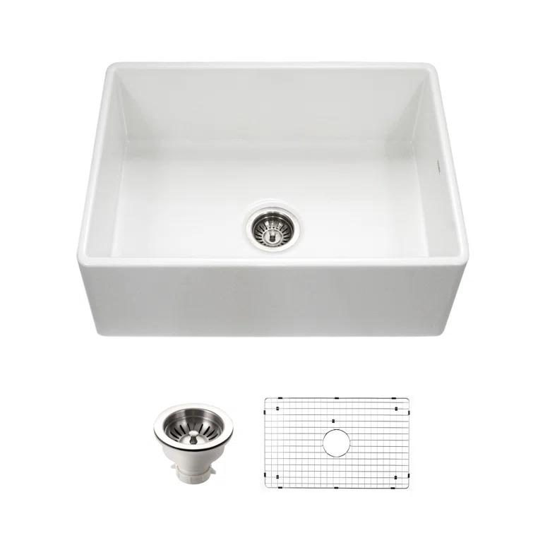 Houzer 30x20 inFireclay Apron Front Single Bowl Kitchen Sink w/ Strainer,Grid-PTS-4100 WH-C
