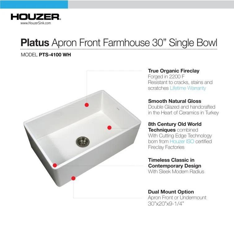 Houzer 30x20 inFireclay Apron Front Single Bowl Kitchen Sink w/ Strainer,Grid-PTS-4100 WH-C