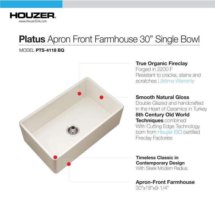 Houzer 30 in x 18 in Biscuit Fireclay Apron Front Single Bowl Kitchen Sink - PTS-4118 BQ