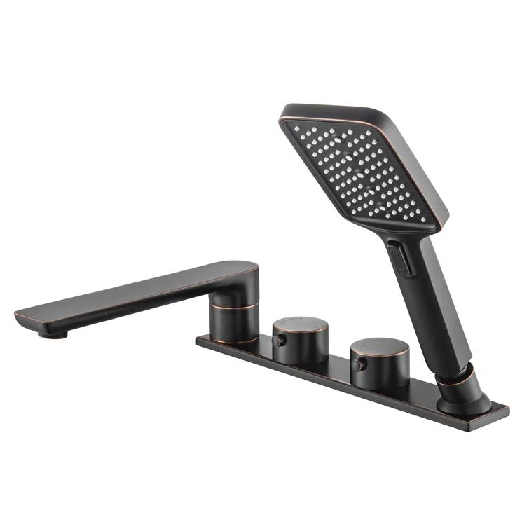 Widespread Deck Mount Roman Tub Faucet With Hand Shower, Two-Handle 4-Holes Bathtub Shower Faucet Set