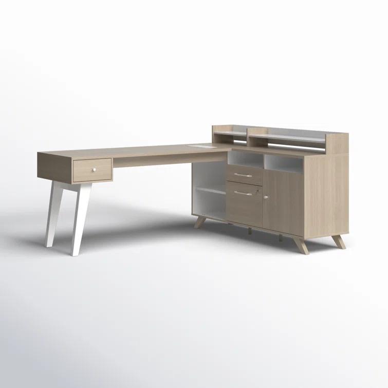 Kauan Helsy L-Shaped Desk with Power Bar and Removable Hutch Natural Walnut