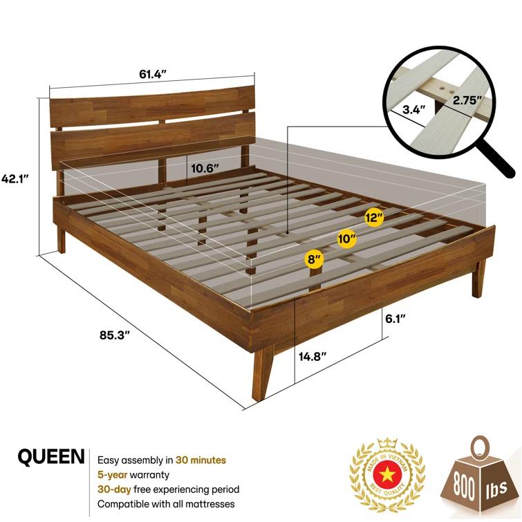 Acacia Aurora Premium Solid Wood Platform Bed Frame and High Headboard, King Bed Frame with Headboard Included, Mid Century Modern Bed with 5 years Warranty