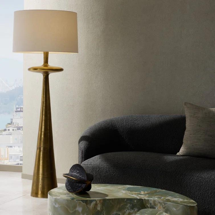 Antique Brass Mid-Century Modern Floor Lamp with Off-White Shade
