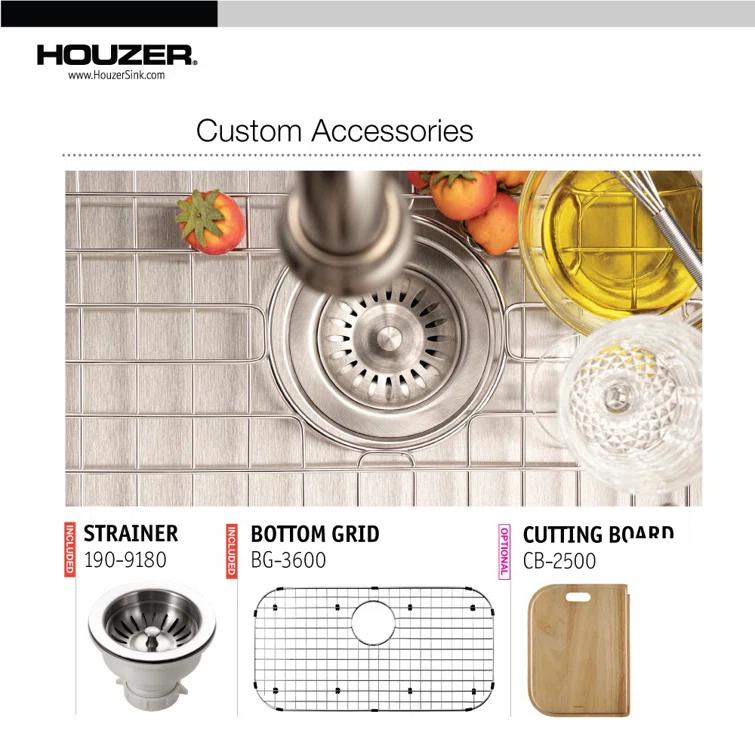 Houzer 32 in Stainless Steel Undermount Single Bowl Kitchen Sink w/ Strainer, Grid - STL-3600-C