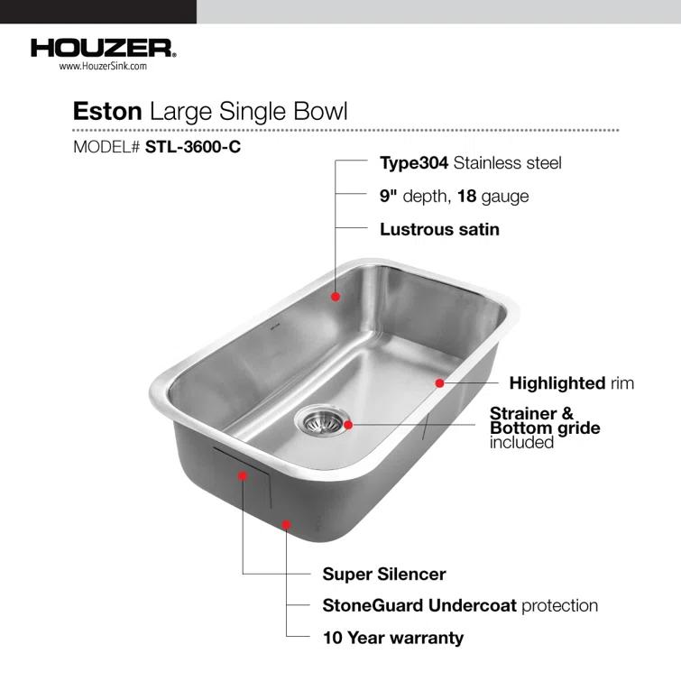 Houzer 32 in Stainless Steel Undermount Single Bowl Kitchen Sink w/ Strainer, Grid - STL-3600-C