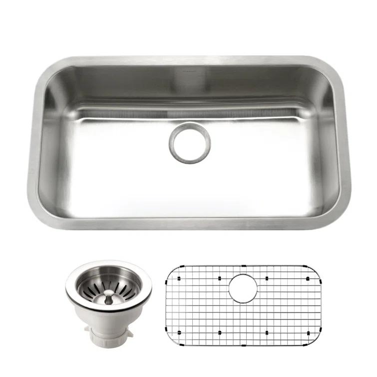 Houzer 32 in Stainless Steel Undermount Single Bowl Kitchen Sink w/ Strainer, Grid - STL-3600-C