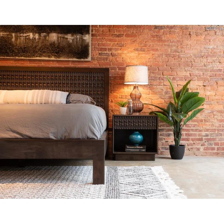 King Dark Brown Mango Wood Platform Bed with Carved Headboard