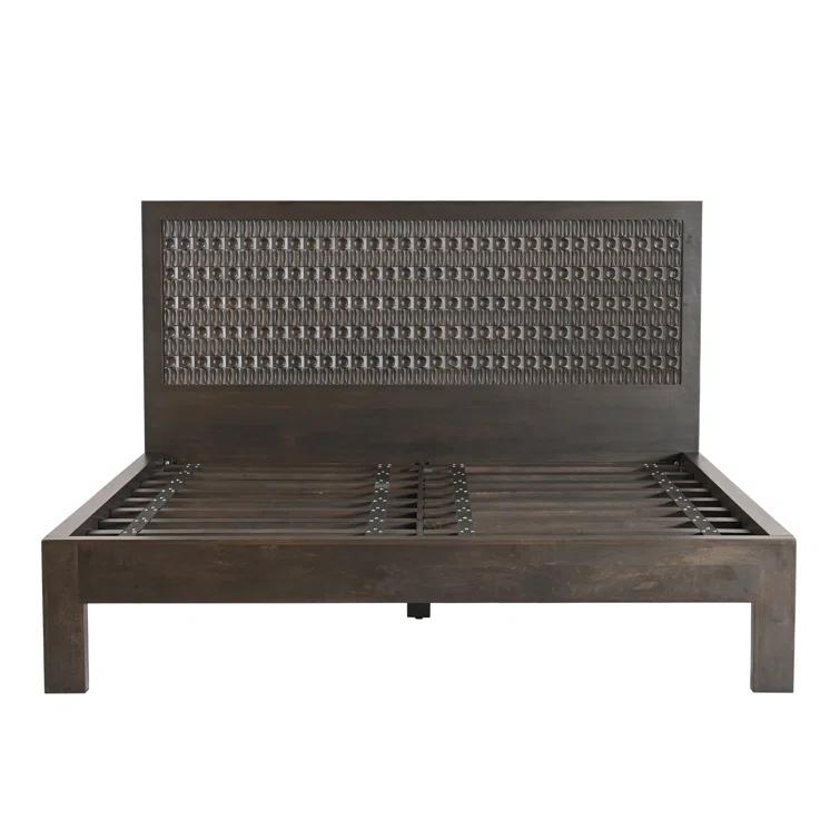 King Dark Brown Mango Wood Platform Bed with Carved Headboard