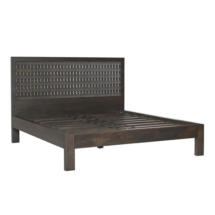 King Dark Brown Mango Wood Platform Bed with Carved Headboard