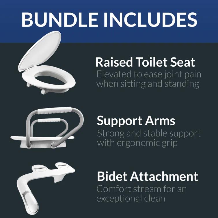 Bemis Assurance 3" Raised Toilet Seat with Handles and Bidet Attachment, Secure Hinges, Elongated, White 7YE85320H20 ARM