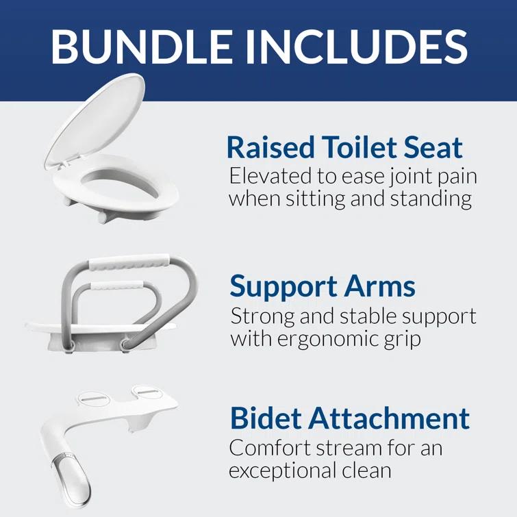 Bemis Assurance 3" Raised Toilet Seat with Handles and Bidet Attachment, Secure Hinges, Elongated, White 7YE85320H20 ARM