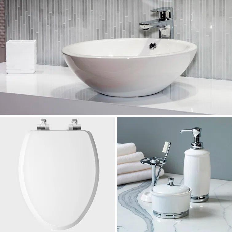 Bennett Toilet Seat with Metal Hinges, Slow Close Wood Seat, Easy Install, Elongated, White