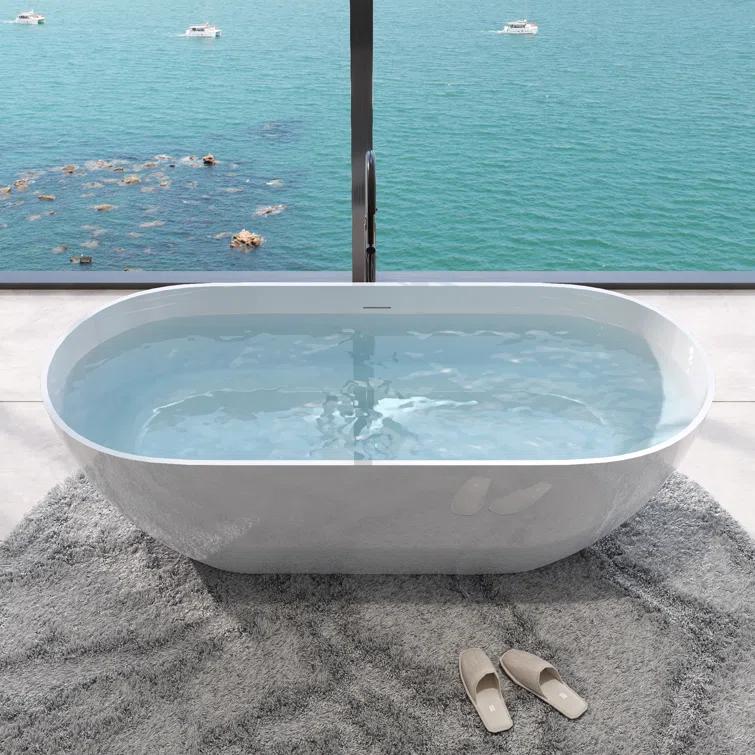 59" x 30" Freestanding Soaking Solid Surface Bathtub Stone Resin Bath Tub with Overflow and Pop-up Drain for Contemporary Bathroom, Glossy/Matte White