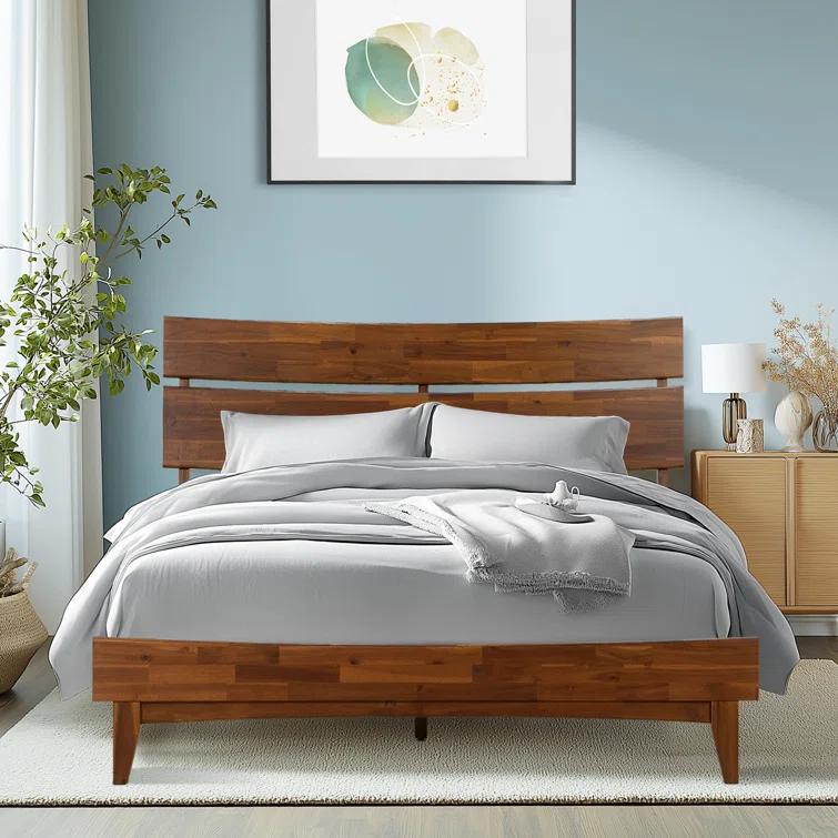 Acacia Aurora Premium Solid Wood Platform Bed Frame and High Headboard, King Bed Frame with Headboard Included, Mid Century Modern Bed with 5 years Warranty