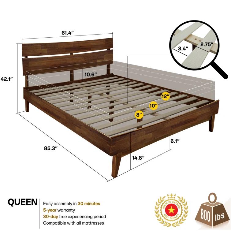 Acacia Aurora Premium Solid Wood Platform Bed Frame and High Headboard, King Bed Frame with Headboard Included, Mid Century Modern Bed with 5 years Warranty