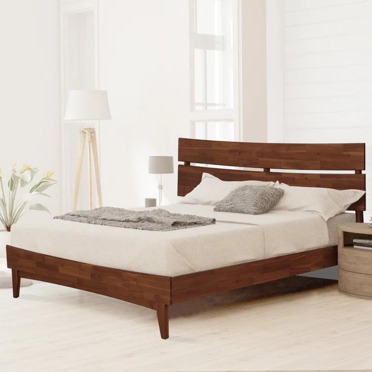 Acacia Aurora Premium Solid Wood Platform Bed Frame and High Headboard, Queen Bed Frame with Headboard, Mid Century Modern Bed with 5 years Warranty