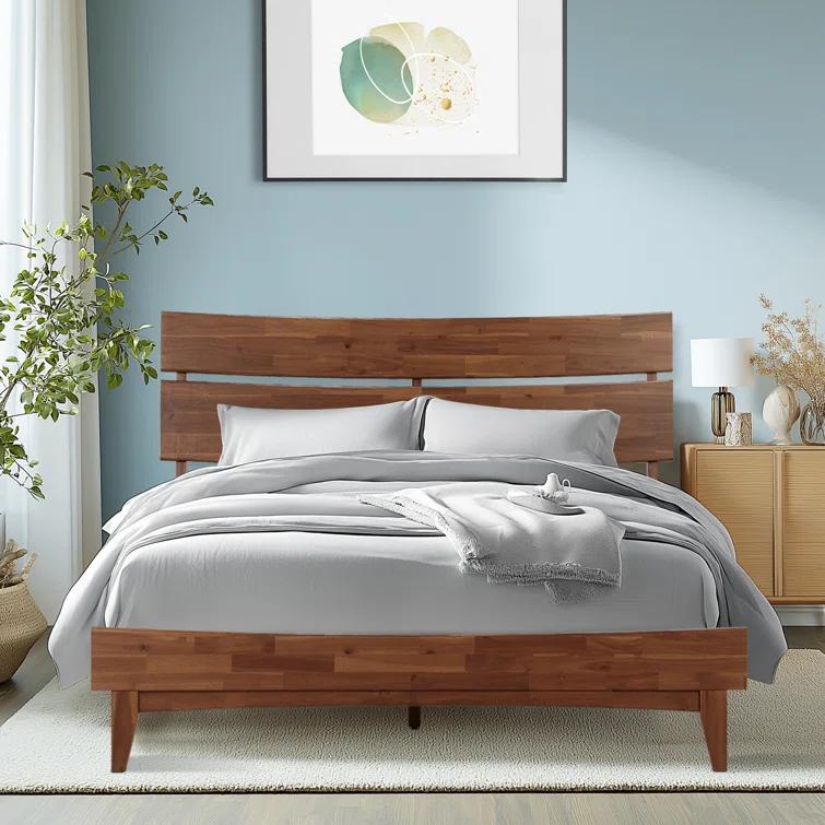 Acacia Aurora Premium Solid Wood Platform Bed Frame and High Headboard, Queen Bed Frame with Headboard, Mid Century Modern Bed with 5 years Warranty