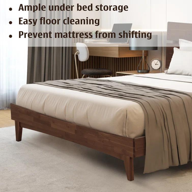 Acacia Aurora Premium Solid Wood Platform Bed Frame and High Headboard, Queen Bed Frame with Headboard, Mid Century Modern Bed with 5 years Warranty