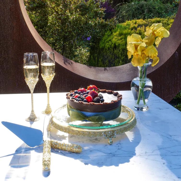 Gold and Glass Pedestal Cake Stand with European Crystals