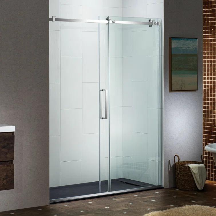 WoodBridge Semi-Frameless Single Sliding Shower Doors, 56-60" W X 76" H With 5/16" Clear Tempered Glass And Explosion-Proof Film MSDF6076-B