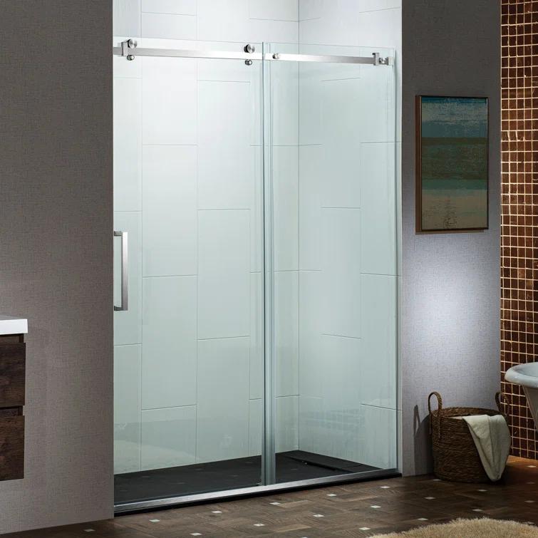 WoodBridge Semi-Frameless Single Sliding Shower Doors, 56-60" W X 76" H With 5/16" Clear Tempered Glass And Explosion-Proof Film MSDF6076-B