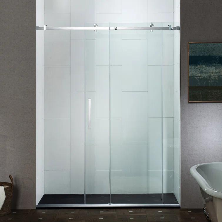 WoodBridge Semi-Frameless Single Sliding Shower Doors, 56-60" W X 76" H With 5/16" Clear Tempered Glass And Explosion-Proof Film MSDF6076-C
