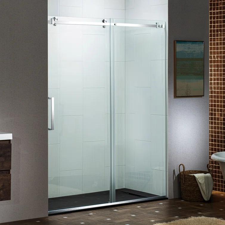 WoodBridge Semi-Frameless Single Sliding Shower Doors, 56-60" W X 76" H With 5/16" Clear Tempered Glass And Explosion-Proof Film MSDF6076-C