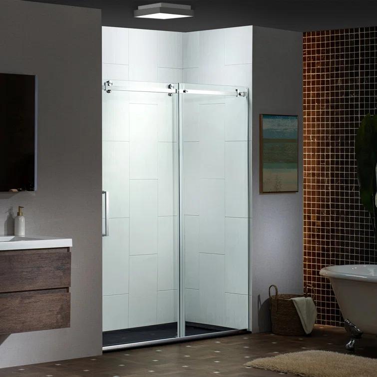 WoodBridge Semi-Frameless Single Sliding Shower Doors, 56-60" W X 76" H With 5/16" Clear Tempered Glass And Explosion-Proof Film MSDF6076-C