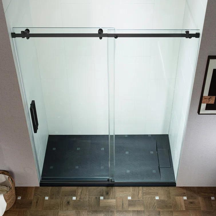 WoodBridge Semi-Frameless Single Sliding Shower Doors, 56-60" W X 76" H With 5/16" Clear Tempered Glass And Explosion-Proof Film MSDF6076-MBL