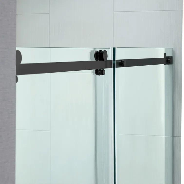 WoodBridge Semi-Frameless Single Sliding Shower Doors, 56-60" W X 76" H With 5/16" Clear Tempered Glass And Explosion-Proof Film MSDF6076-MBL