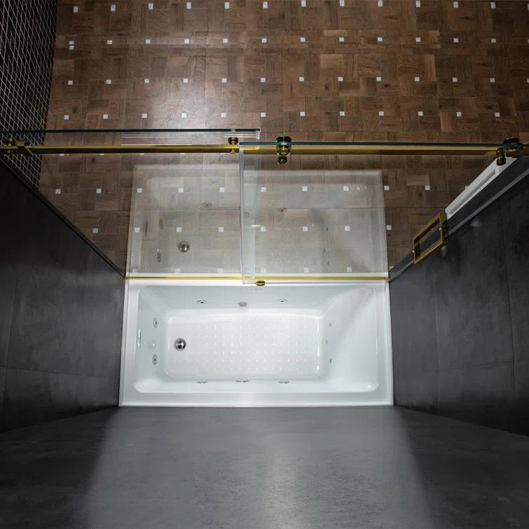 WoodBridge Frameless Single Sliding Shower Doors, 56-60" W X 62" H With 5/16" Clear Tempered Glass And Explosion-Proof Film MSDF6062-BG