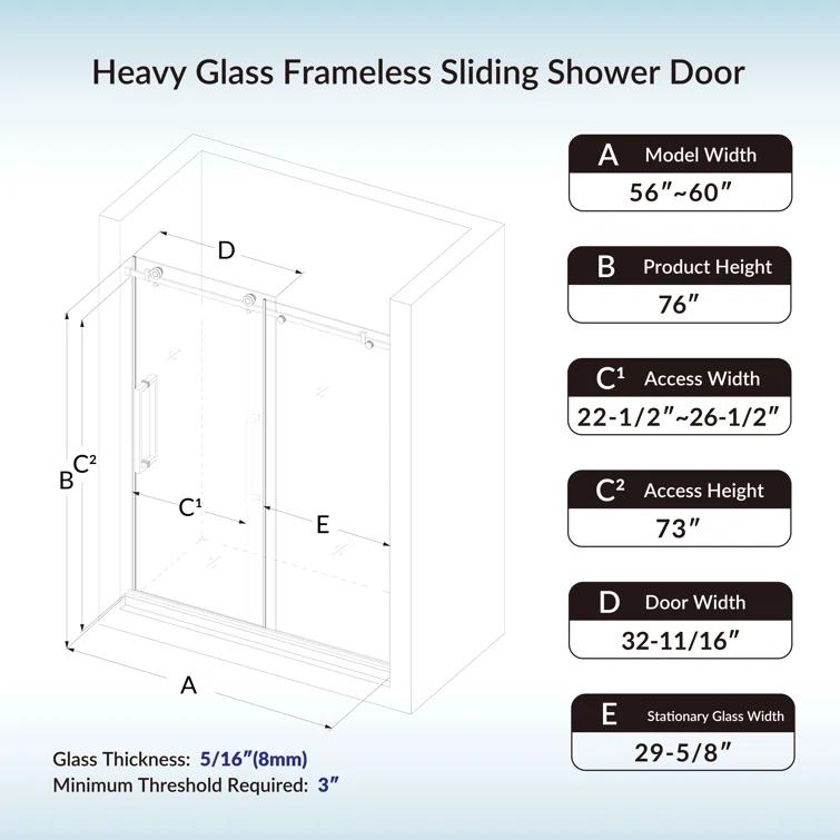 WoodBridge Semi-Frameless Single Sliding Shower Doors, 56-60" W X 76" H With 5/16" Clear Tempered Glass And Explosion-Proof Film MSDF6076-C