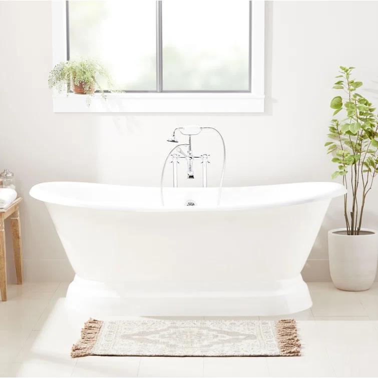 Frayser 71" Cast Iron Soaking Double Slipper Pedestal Freestanding Tub with Rolled Rim and Drain Kit