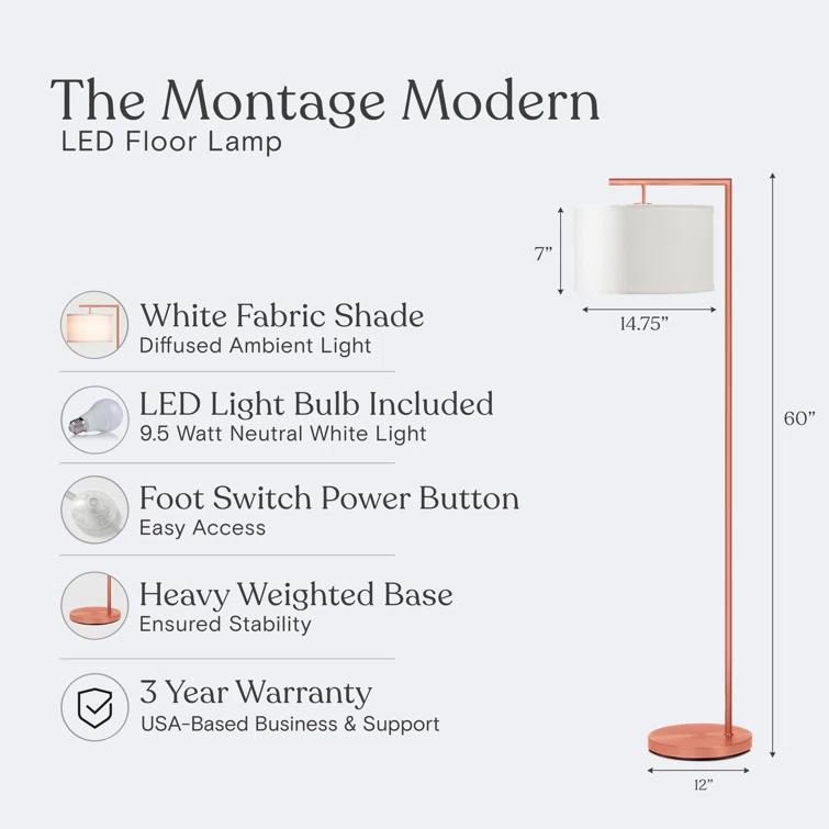 Montage Modern 60 in. Mid-Century Modern LED Floor Lamp with Fabric Drum Shade