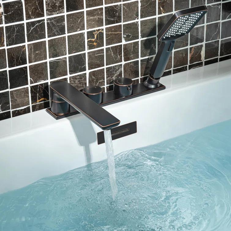 Widespread Deck Mount Roman Tub Faucet With Hand Shower, Two-Handle 4-Holes Bathtub Shower Faucet Set
