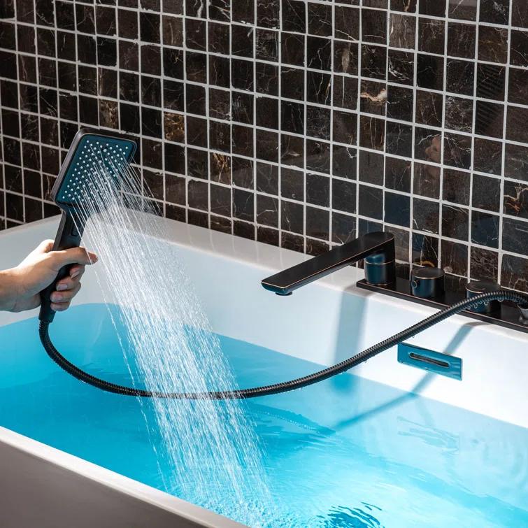 Widespread Deck Mount Roman Tub Faucet With Hand Shower, Two-Handle 4-Holes Bathtub Shower Faucet Set