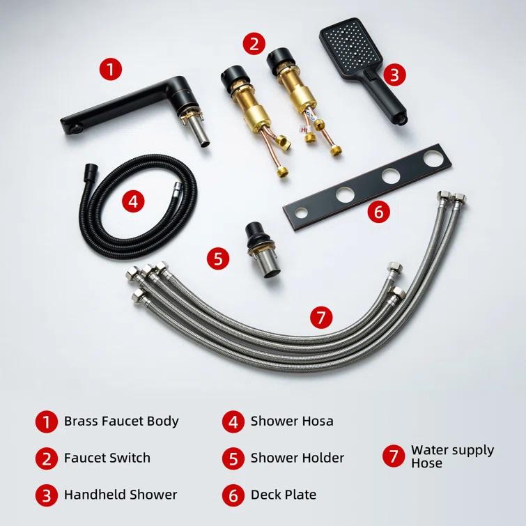 Widespread Deck Mount Roman Tub Faucet With Hand Shower, Two-Handle 4-Holes Bathtub Shower Faucet Set