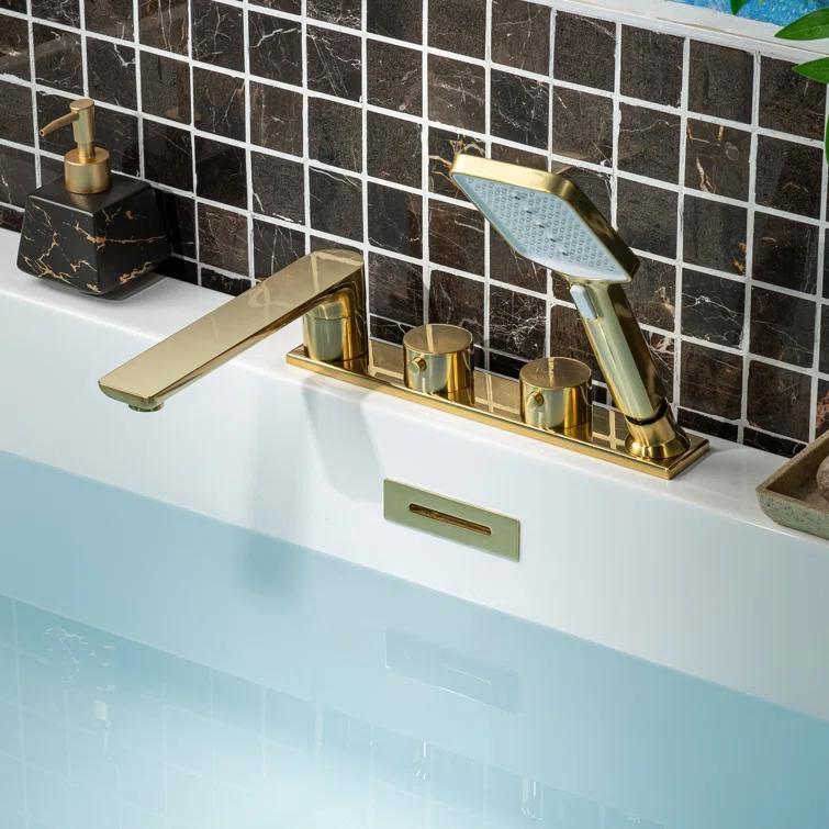 WoodBridge Widespread Deck Mount Roman Tub Faucet With Hand Shower, Two-Handle 4-Holes Bathtub Shower Faucet Set F0045BG