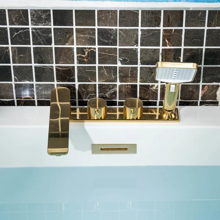 WoodBridge Widespread Deck Mount Roman Tub Faucet With Hand Shower, Two-Handle 4-Holes Bathtub Shower Faucet Set F0045BG