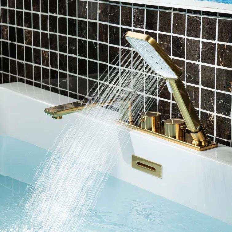 WoodBridge Widespread Deck Mount Roman Tub Faucet With Hand Shower, Two-Handle 4-Holes Bathtub Shower Faucet Set F0045BG