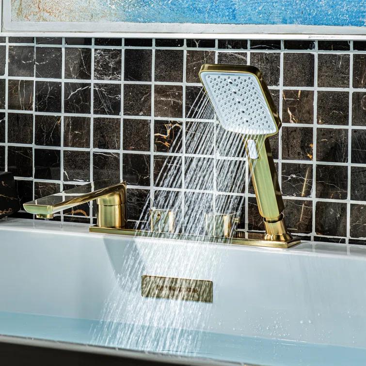 WoodBridge Widespread Deck Mount Roman Tub Faucet With Hand Shower, Two-Handle 4-Holes Bathtub Shower Faucet Set F0045BG