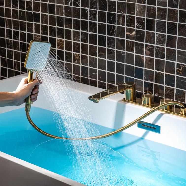 WoodBridge Widespread Deck Mount Roman Tub Faucet With Hand Shower, Two-Handle 4-Holes Bathtub Shower Faucet Set F0045BG