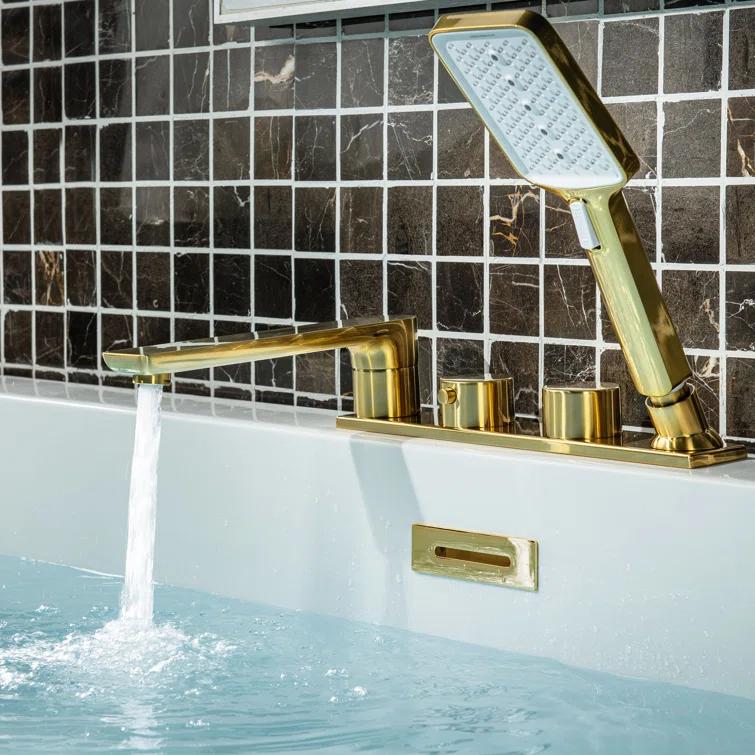 WoodBridge Widespread Deck Mount Roman Tub Faucet With Hand Shower, Two-Handle 4-Holes Bathtub Shower Faucet Set F0045BG