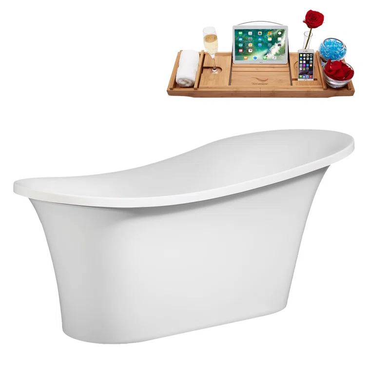 60" Streamline Soaking Freestanding Tub and Tray With Internal Drain