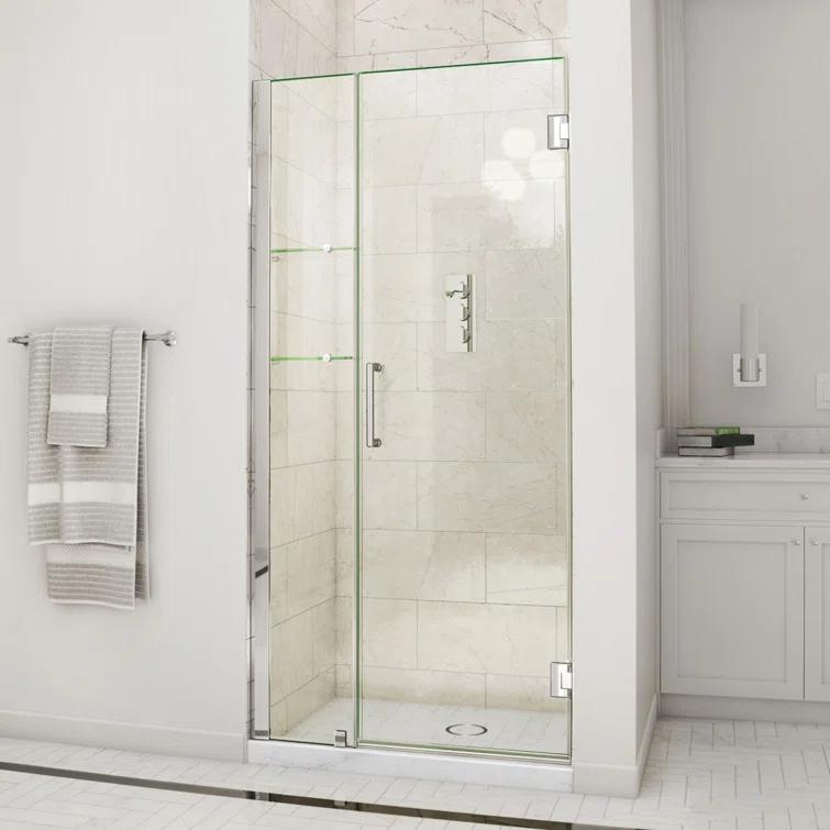 Unidoor Frameless Hinged Shower Door with Glass Shelves