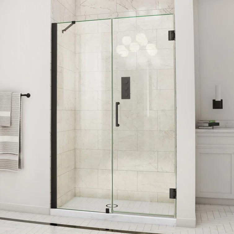 Unidoor 57" W x 72" H Hinged Frameless Shower Door and Fixed Panel with ClearMax Glass Treatment
